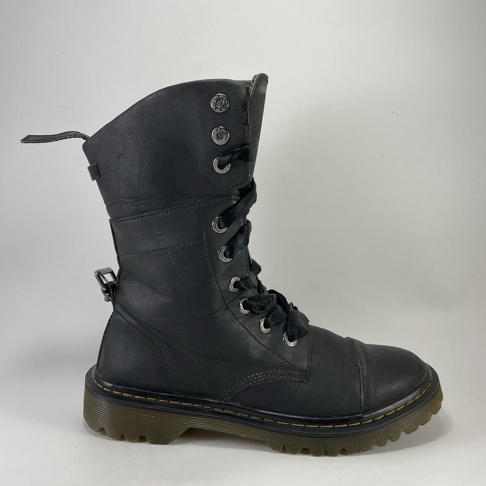Dr. Martens Yuba Boots Black Fold Down Leather 14-Eye Lace Up Womens Size 8